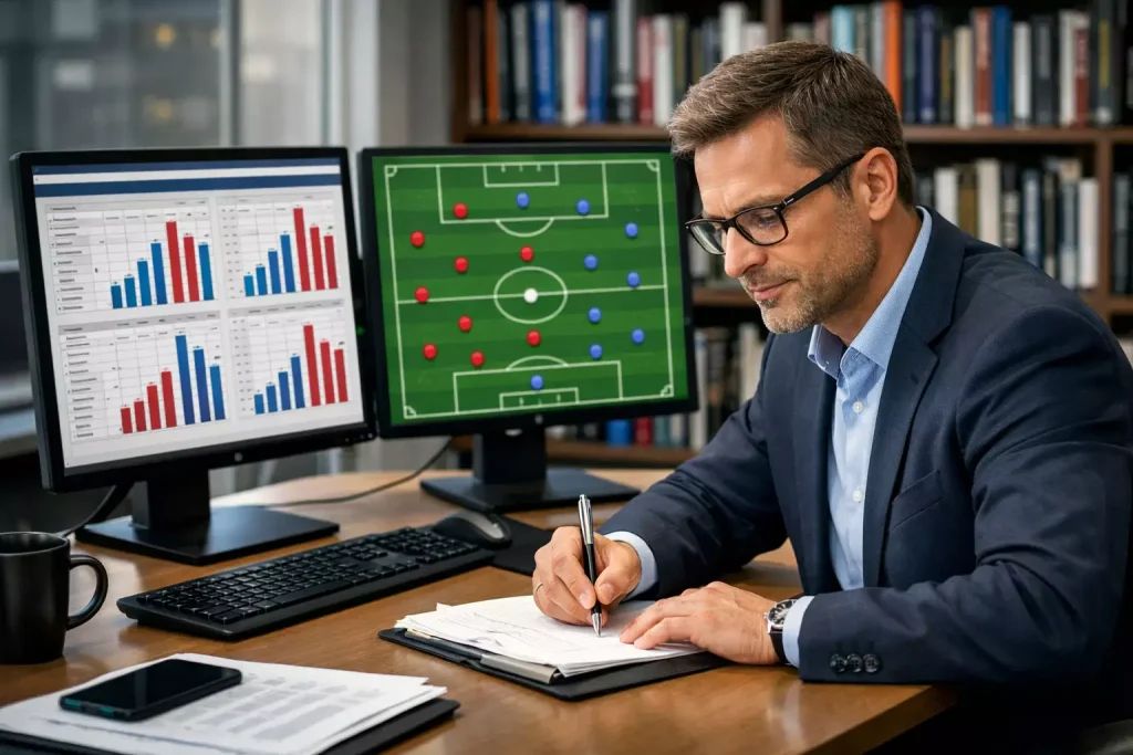 Analista deportivo estudiando datos de equipos de fútbol en múltiples pantallas