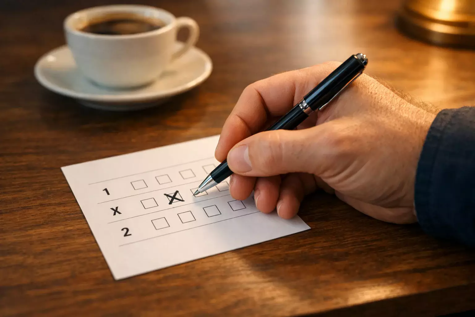 Mano de apostador sosteniendo bolígrafo sobre hoja con opciones 1X2 marcadas