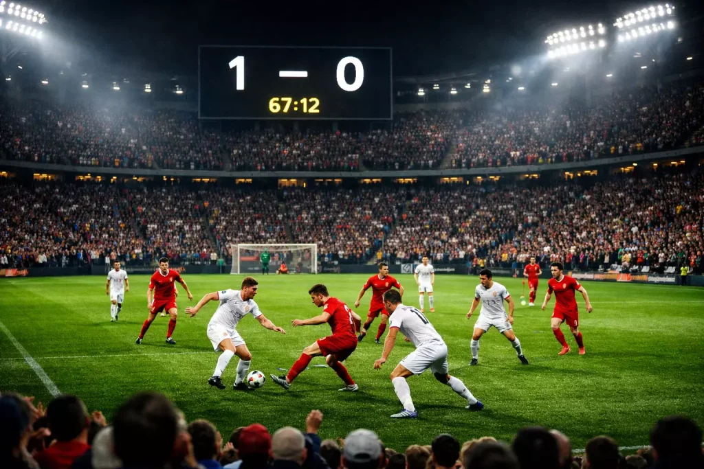 Estadio de fútbol durante un partido nocturno con marcador electrónico visible