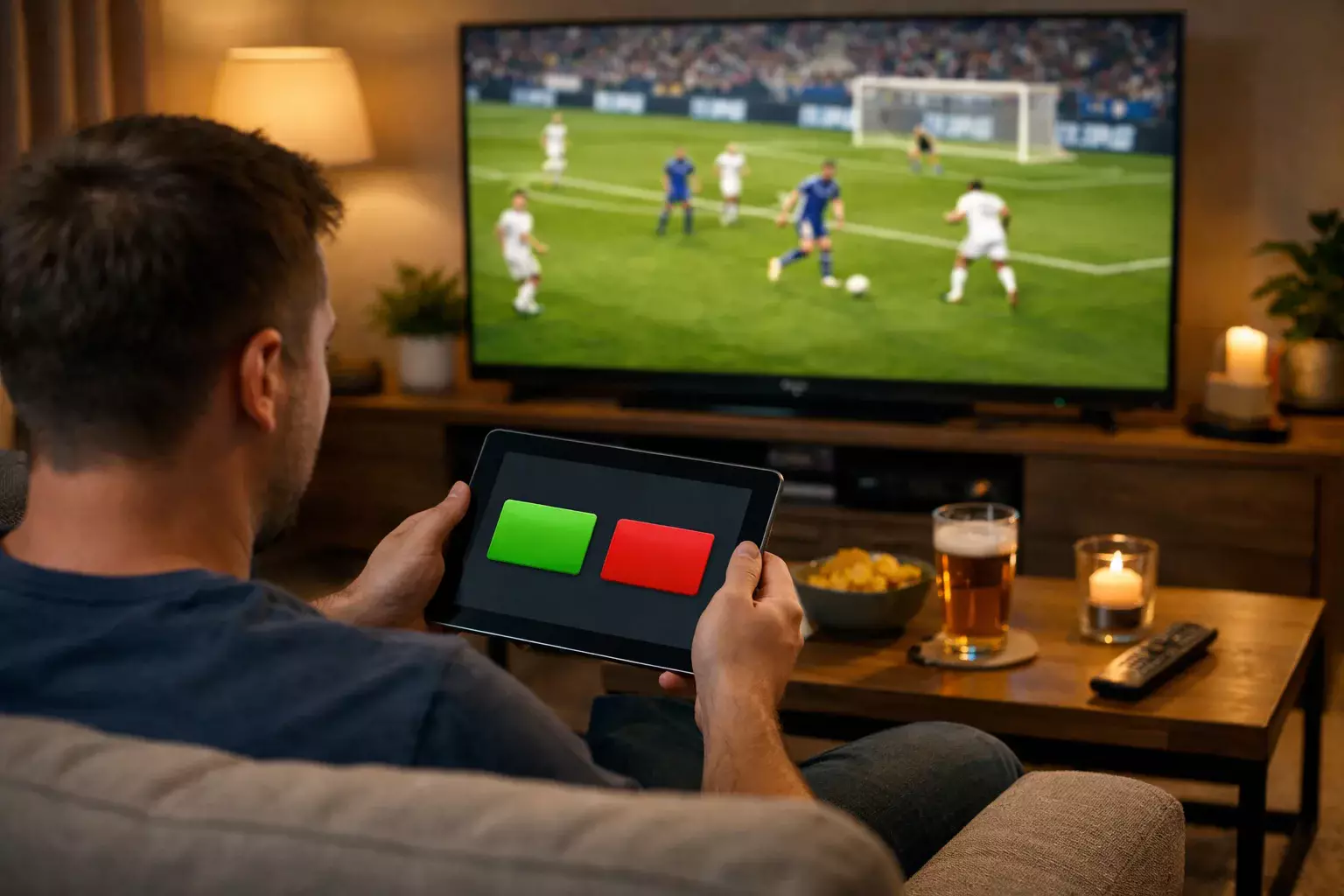 Persona viendo un partido de fútbol en televisión con tablet en mano