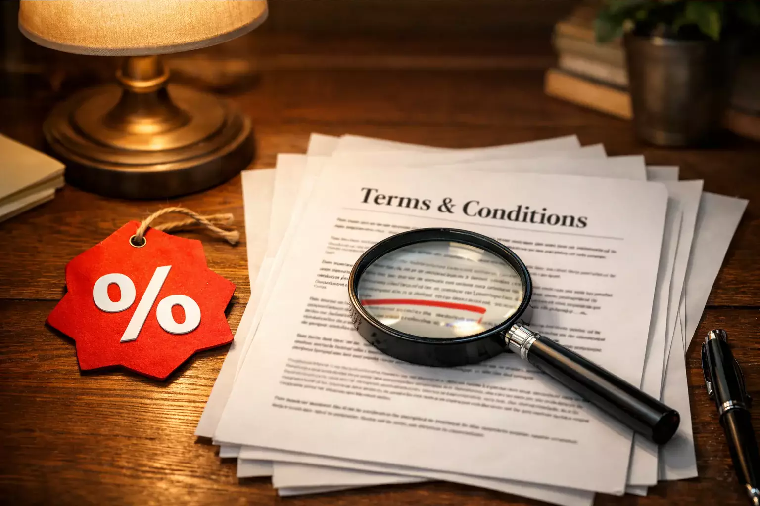 Etiqueta de oferta especial junto a documentos con términos y condiciones