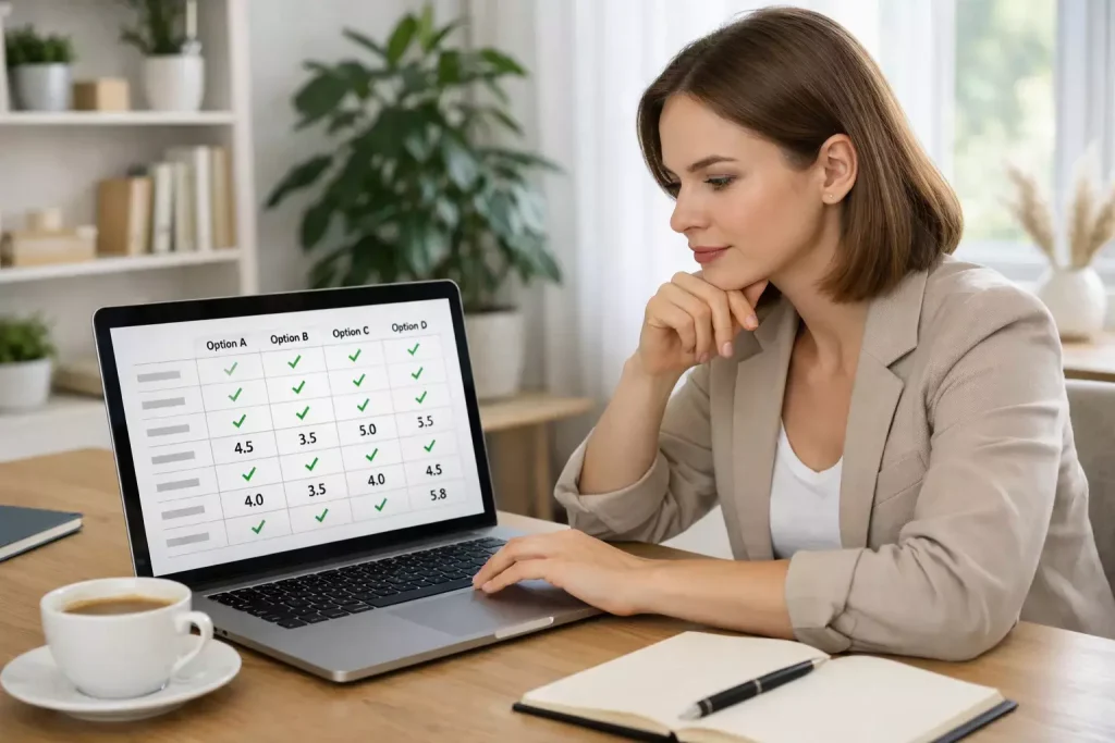 Persona comparando opciones en ordenador portátil con ambiente profesional