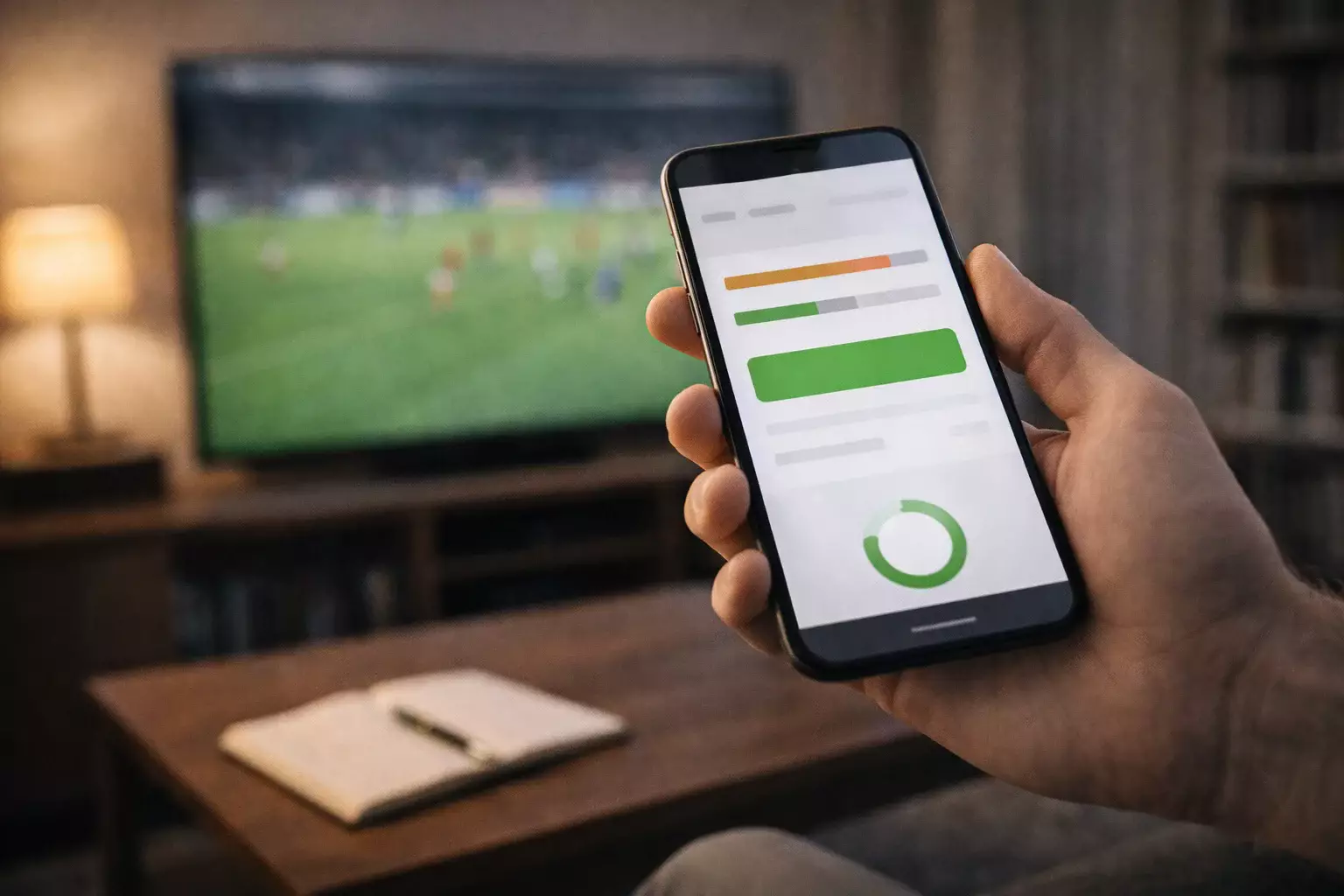 Mano sosteniendo smartphone con interfaz de aplicación deportiva