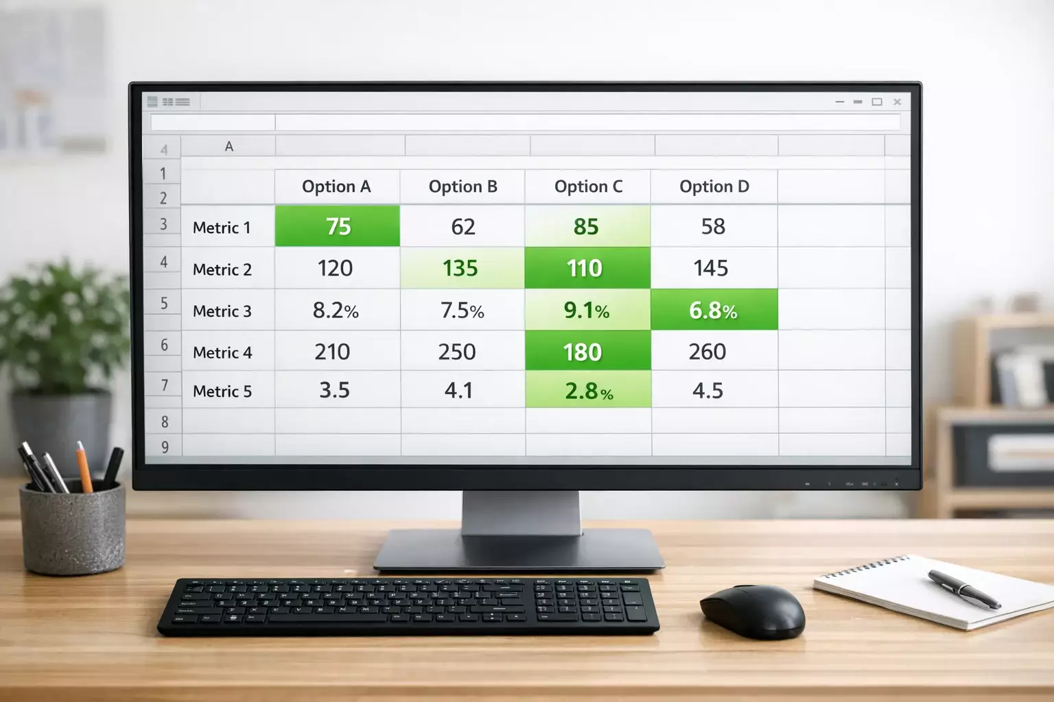 Pantalla mostrando tabla comparativa con diferentes números y porcentajes