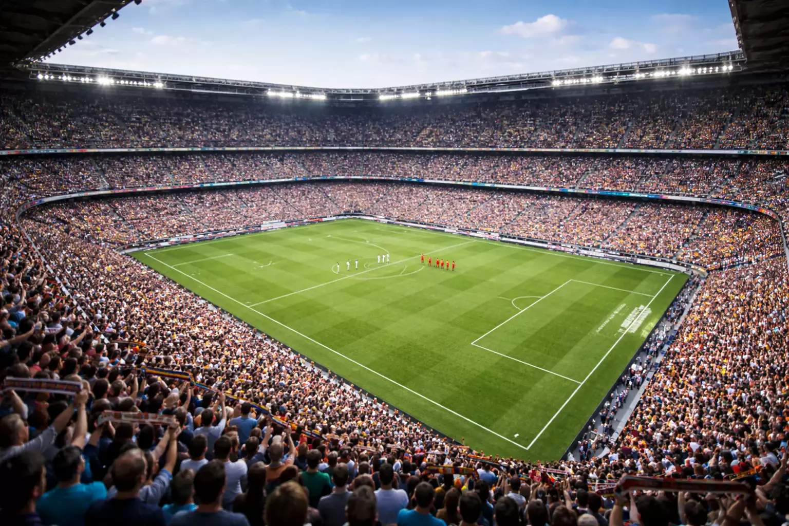 Vista panorámica de estadio de fútbol lleno durante un partido importante de liga
