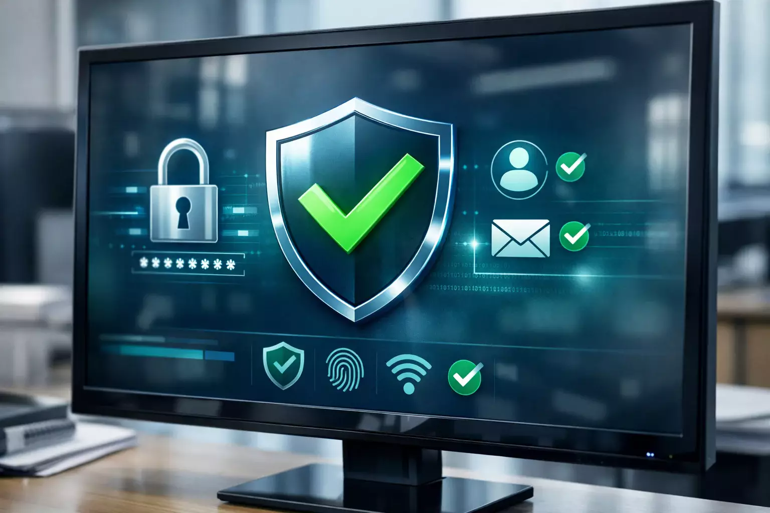 Candado de seguridad digital junto a escudo de verificación en pantalla de ordenador