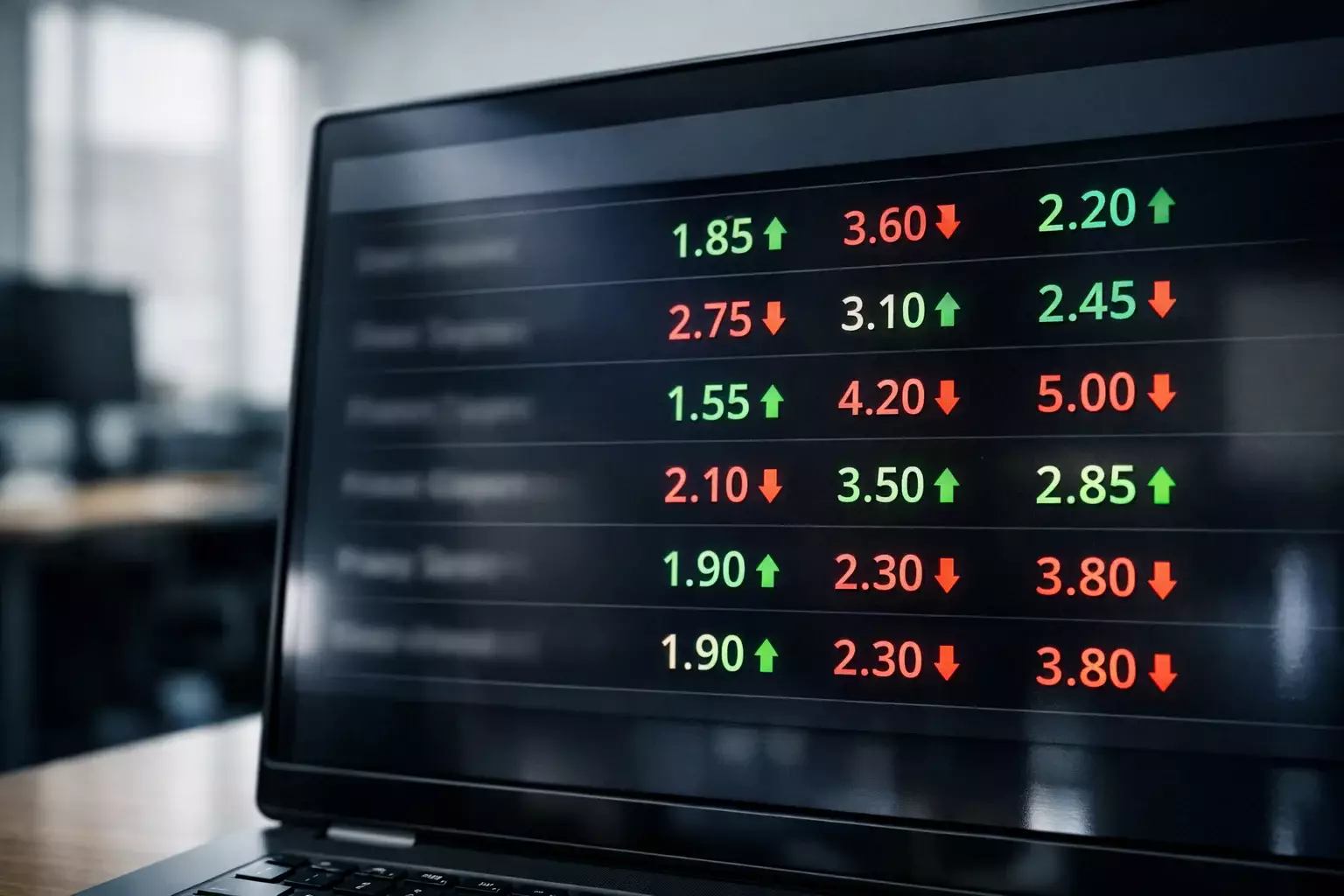 Pantalla de ordenador mostrando cuotas de apuestas cambiando en tiempo real