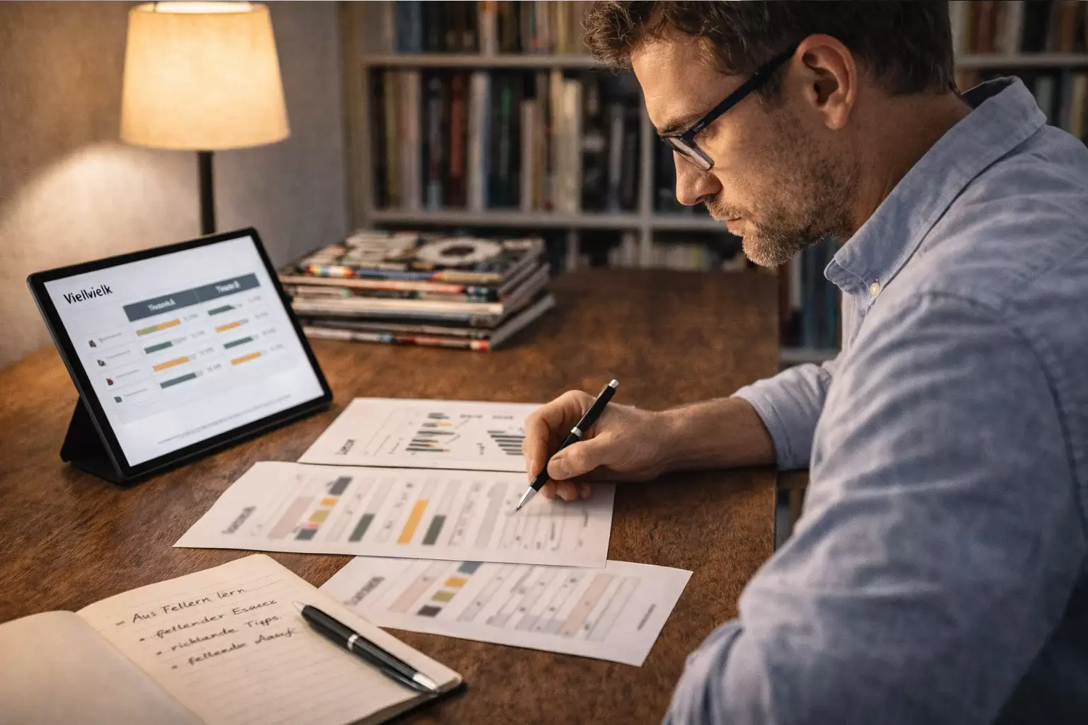 Experto estudiando documentación de una liga de fútbol específica en su escritorio