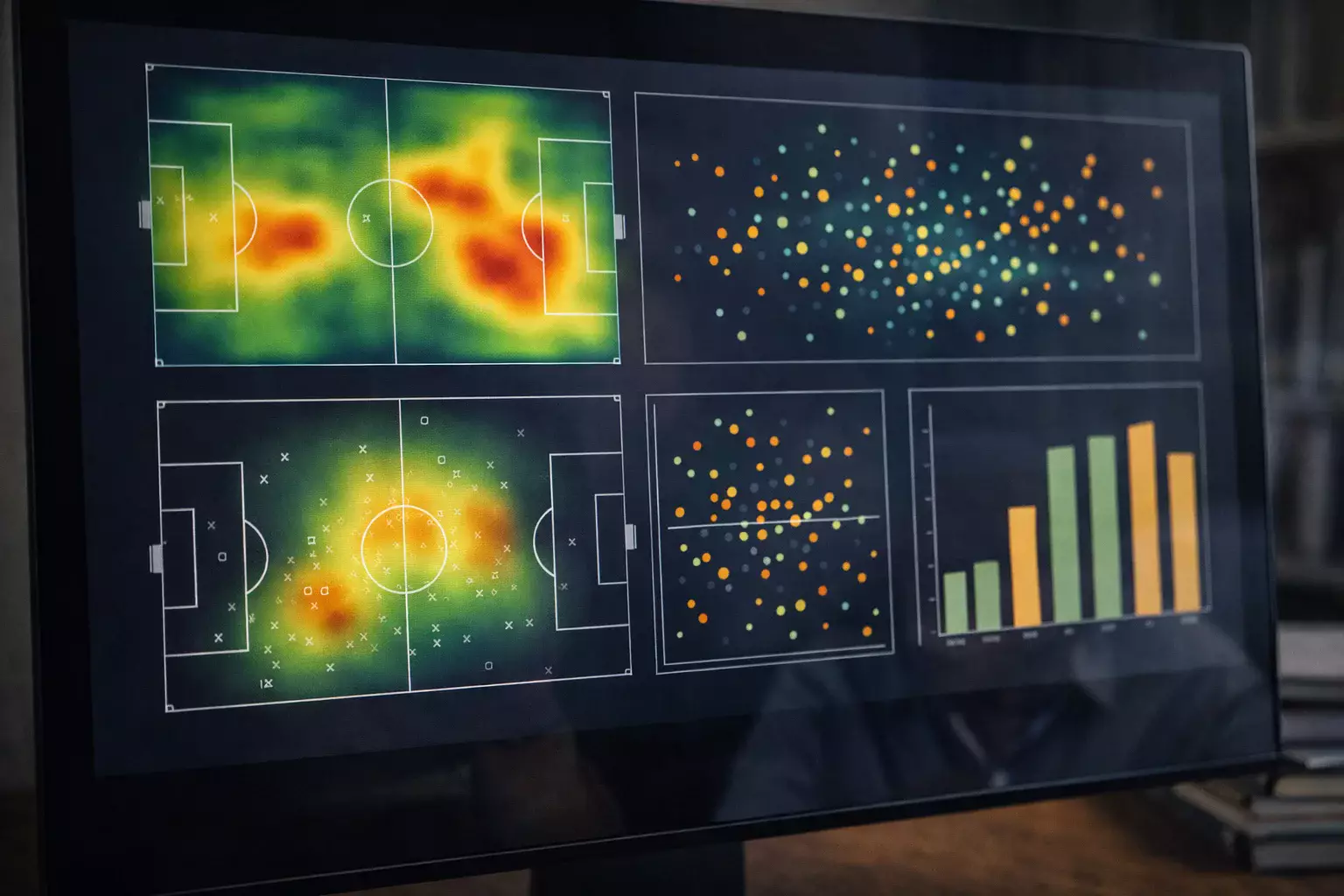 Pantalla de ordenador mostrando visualizaciones de datos de fútbol con gráficos