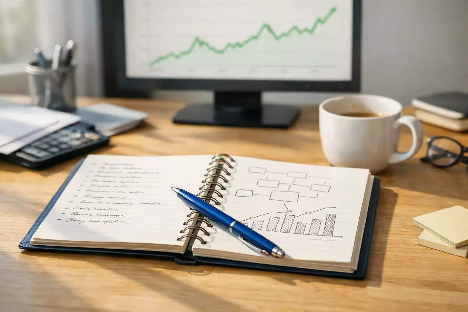 Libreta con notas y bolígrafo sobre mesa junto a pantalla con datos