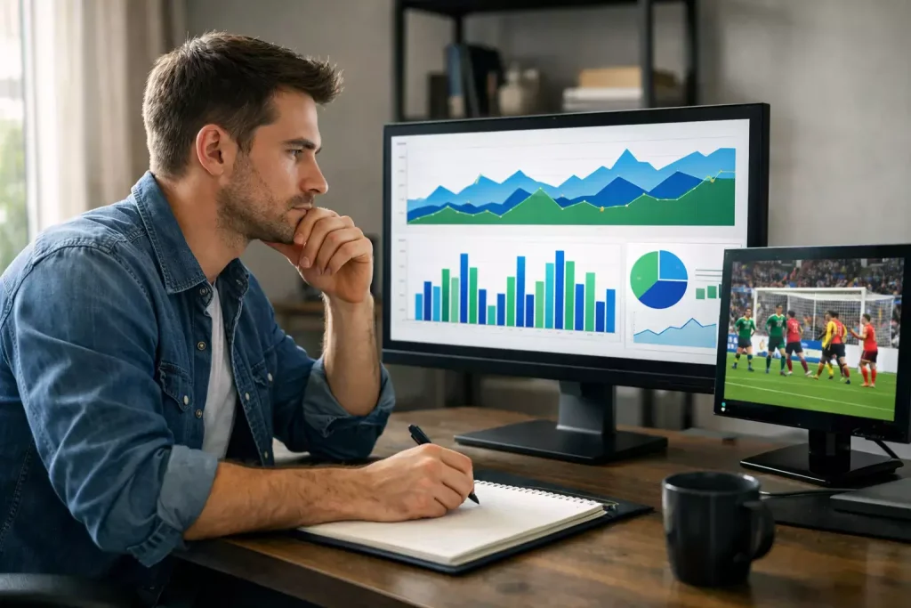 Persona analizando estadísticas de fútbol en ordenador con gráficos en pantalla