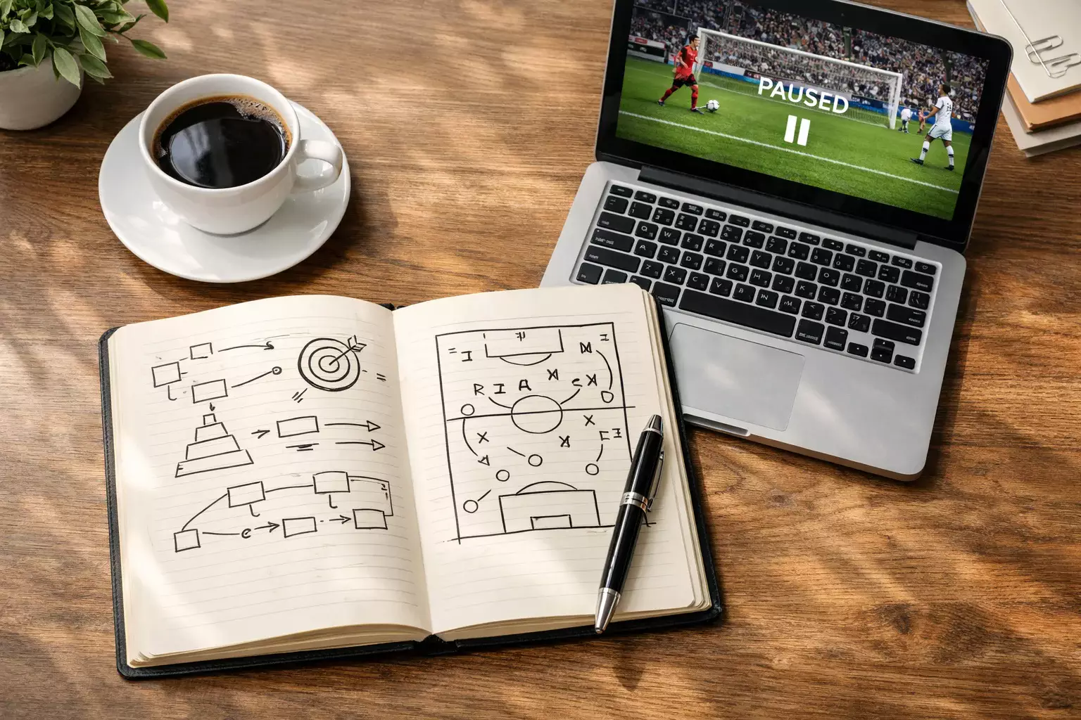 Cuaderno con notas de estrategia junto a ordenador portátil mostrando partido de fútbol