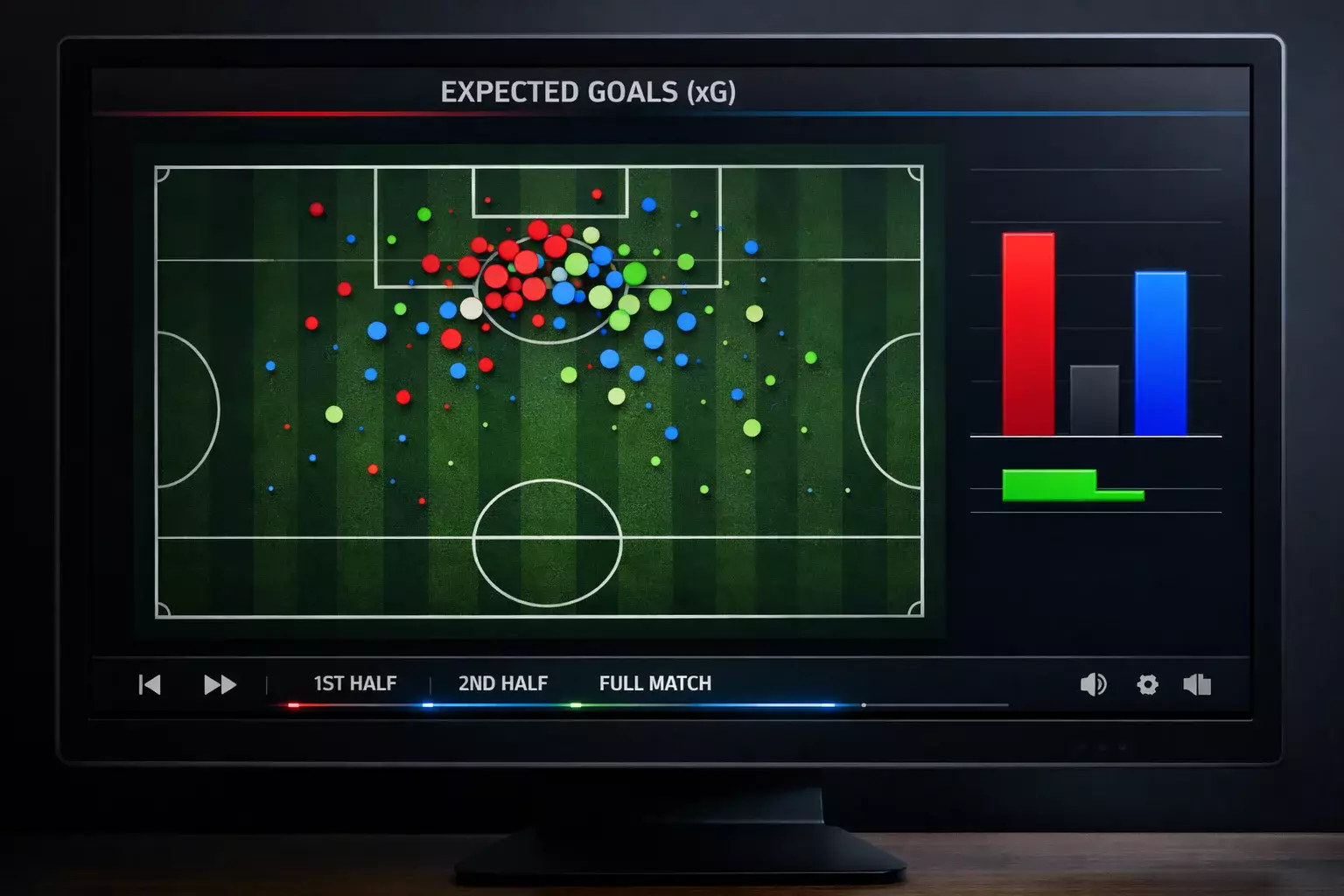 Gráfico de expected goals mostrando mapa de tiros en un campo de fútbol