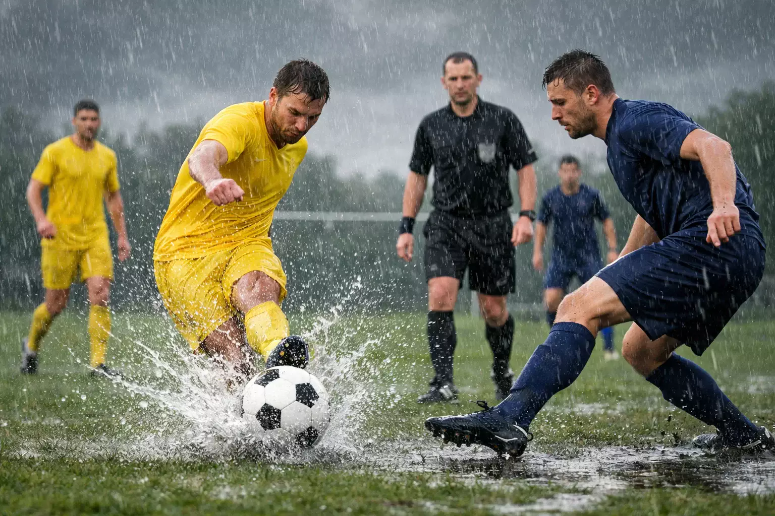 Campo de fútbol bajo lluvia con jugadores en acción y balón mojado