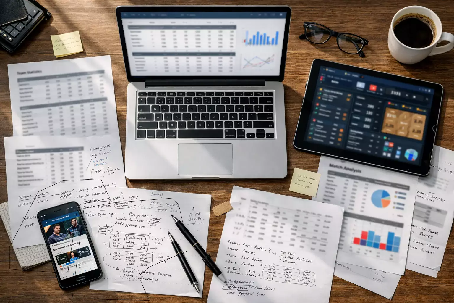 Escritorio con múltiples fuentes de información deportiva abiertas en pantallas y papel