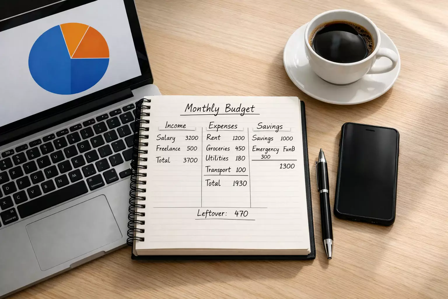 Cuaderno de planificación financiera junto a un ordenador portátil con gráficos