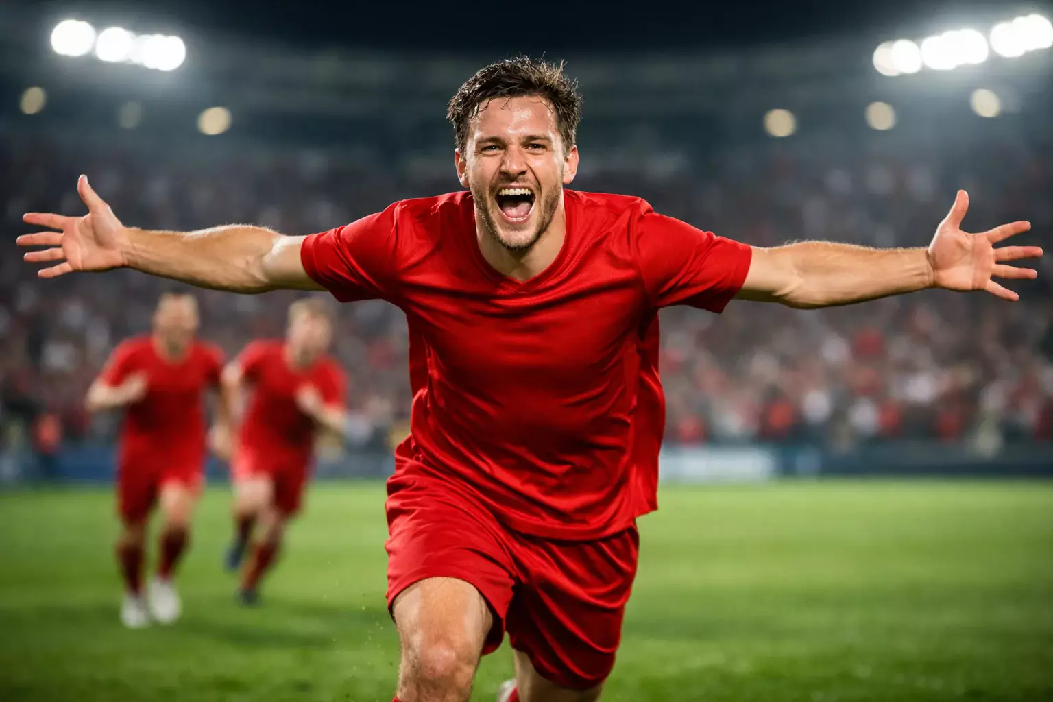 Futbolista celebrando un gol con los brazos extendidos en el campo