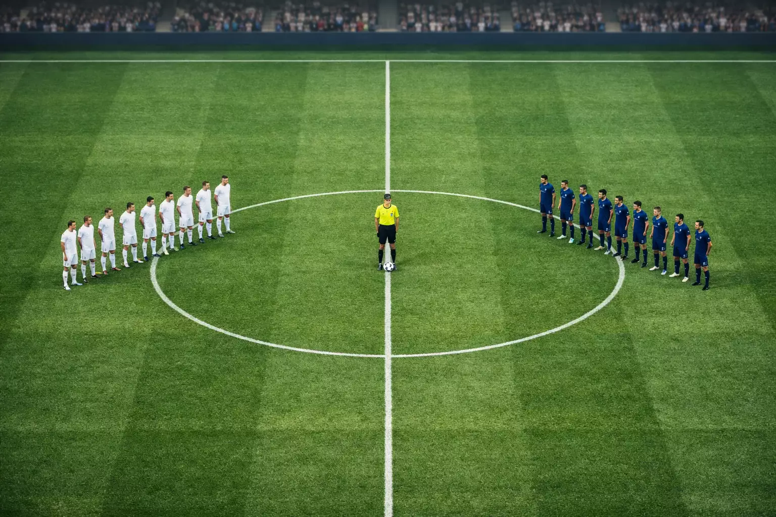 Dos equipos de fútbol enfrentados en el centro del campo antes del saque inicial