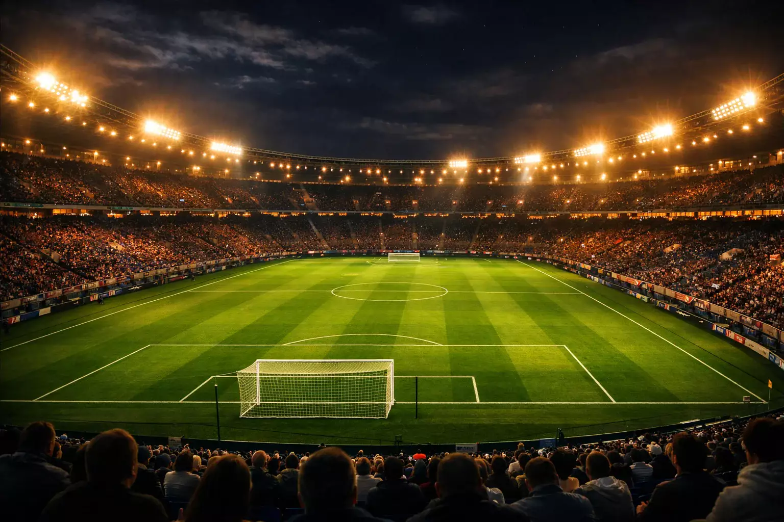 Estadio de fútbol iluminado durante un partido nocturno