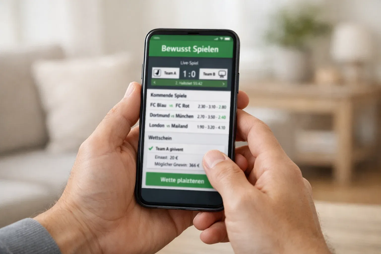 Manos sosteniendo un teléfono con aplicación de límites de gasto