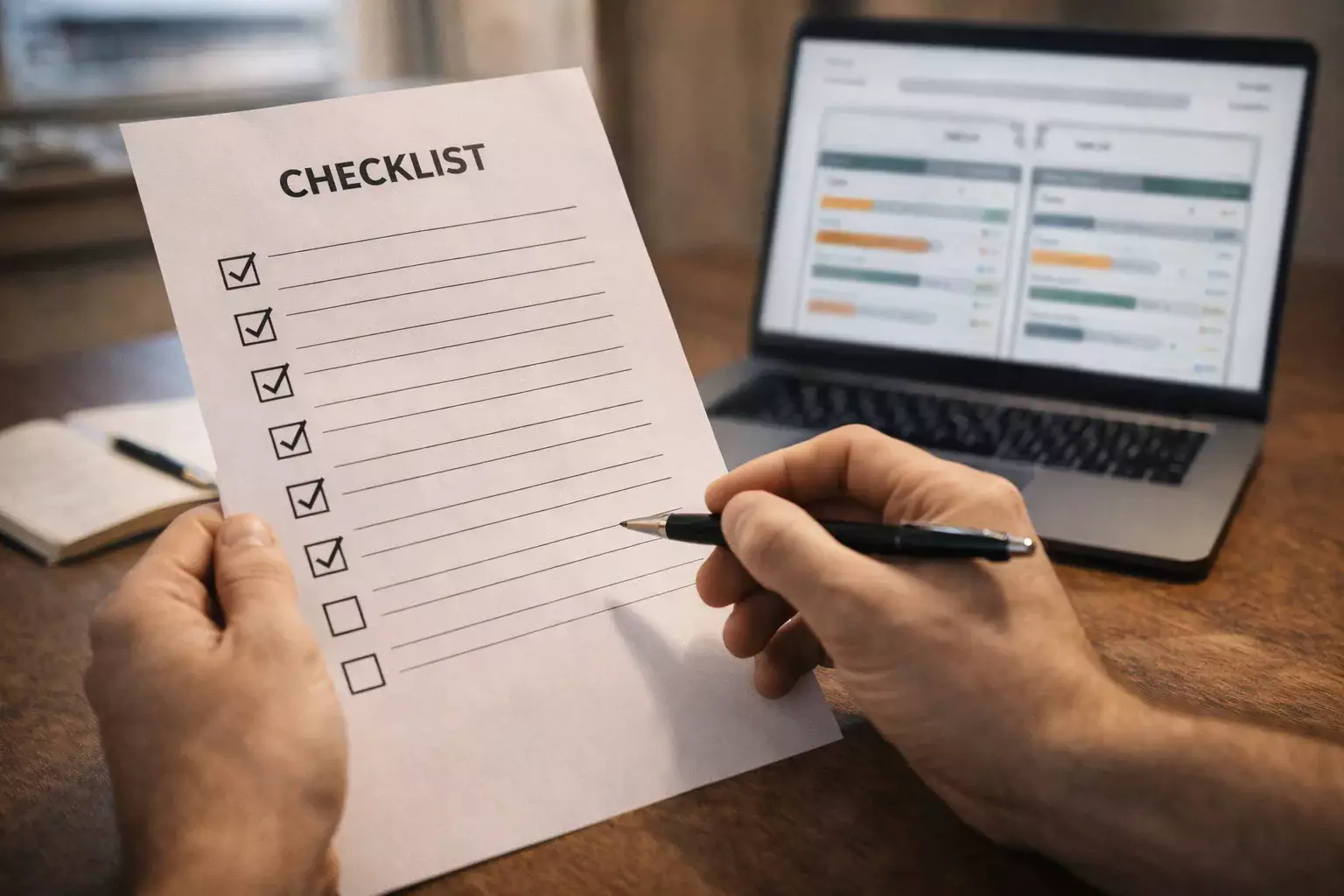 Persona evaluando diferentes opciones con lista de verificación en papel