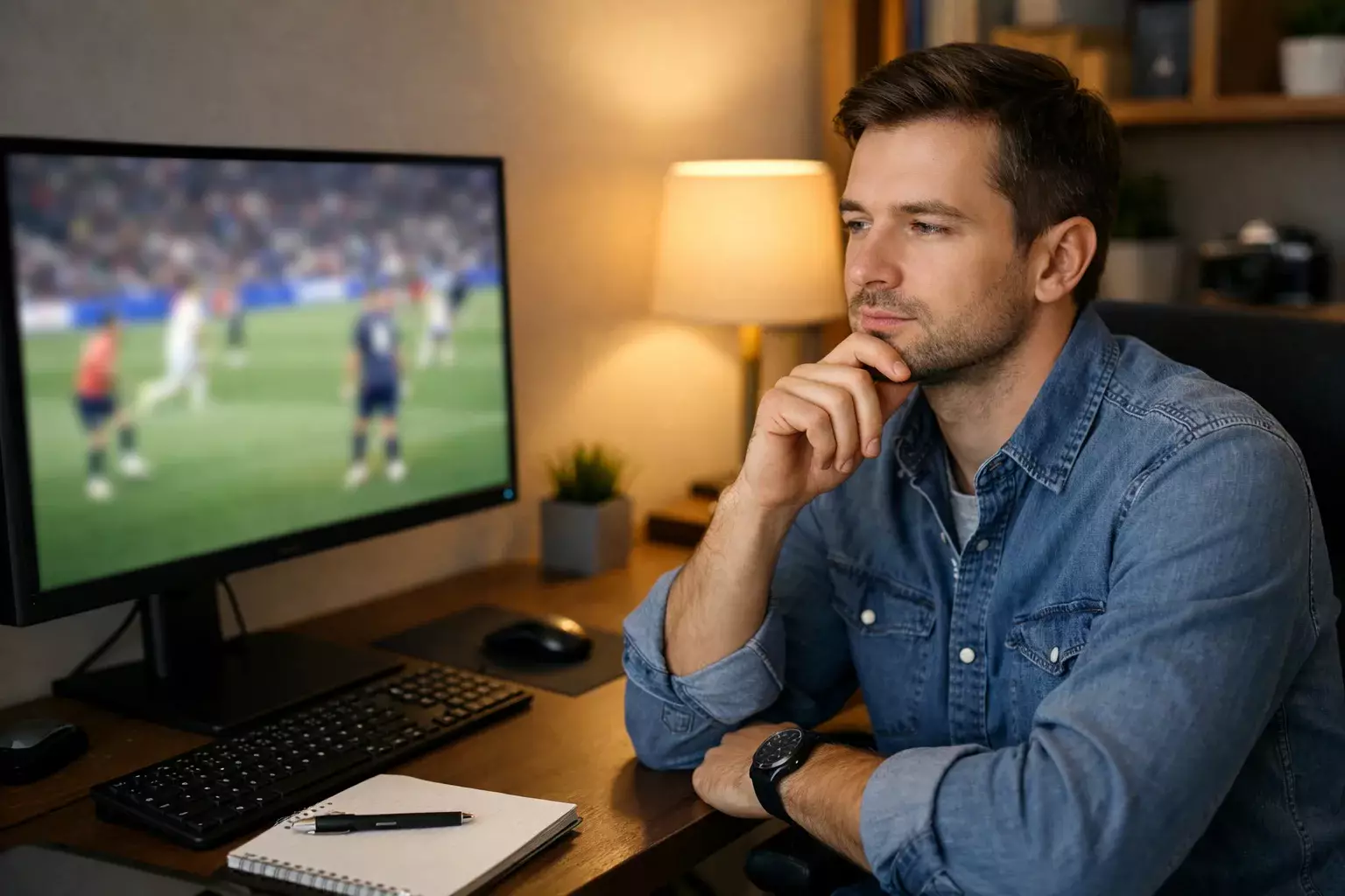 Persona pensativa con la mano en la barbilla frente a pantalla de ordenador