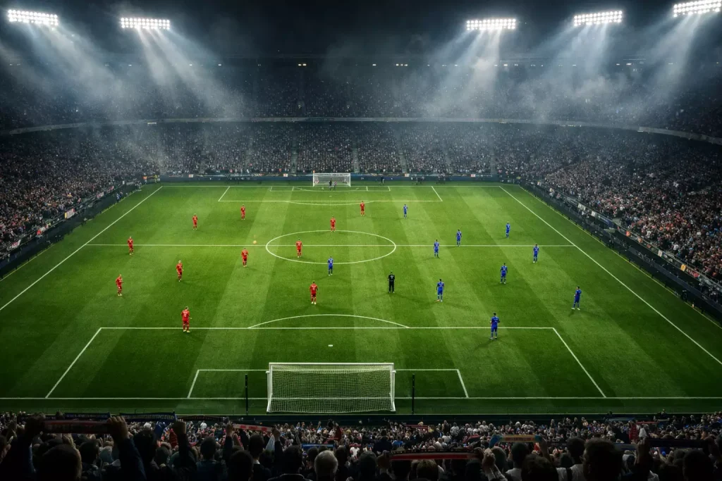 Estadio de fútbol iluminado durante un partido nocturno con aficionados en las gradas