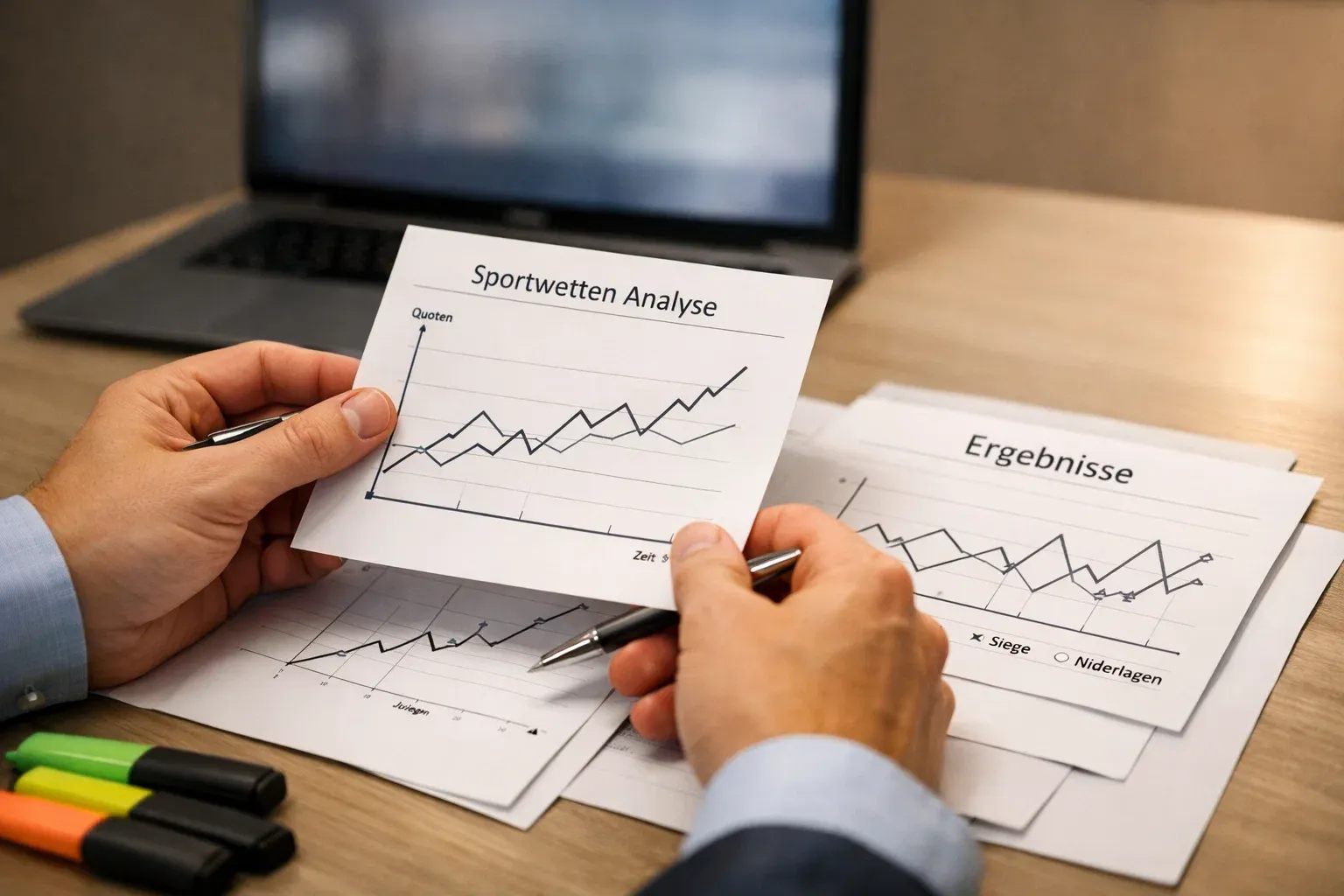 Manos de analista trabajando con documentos y gráficos de rendimiento deportivo