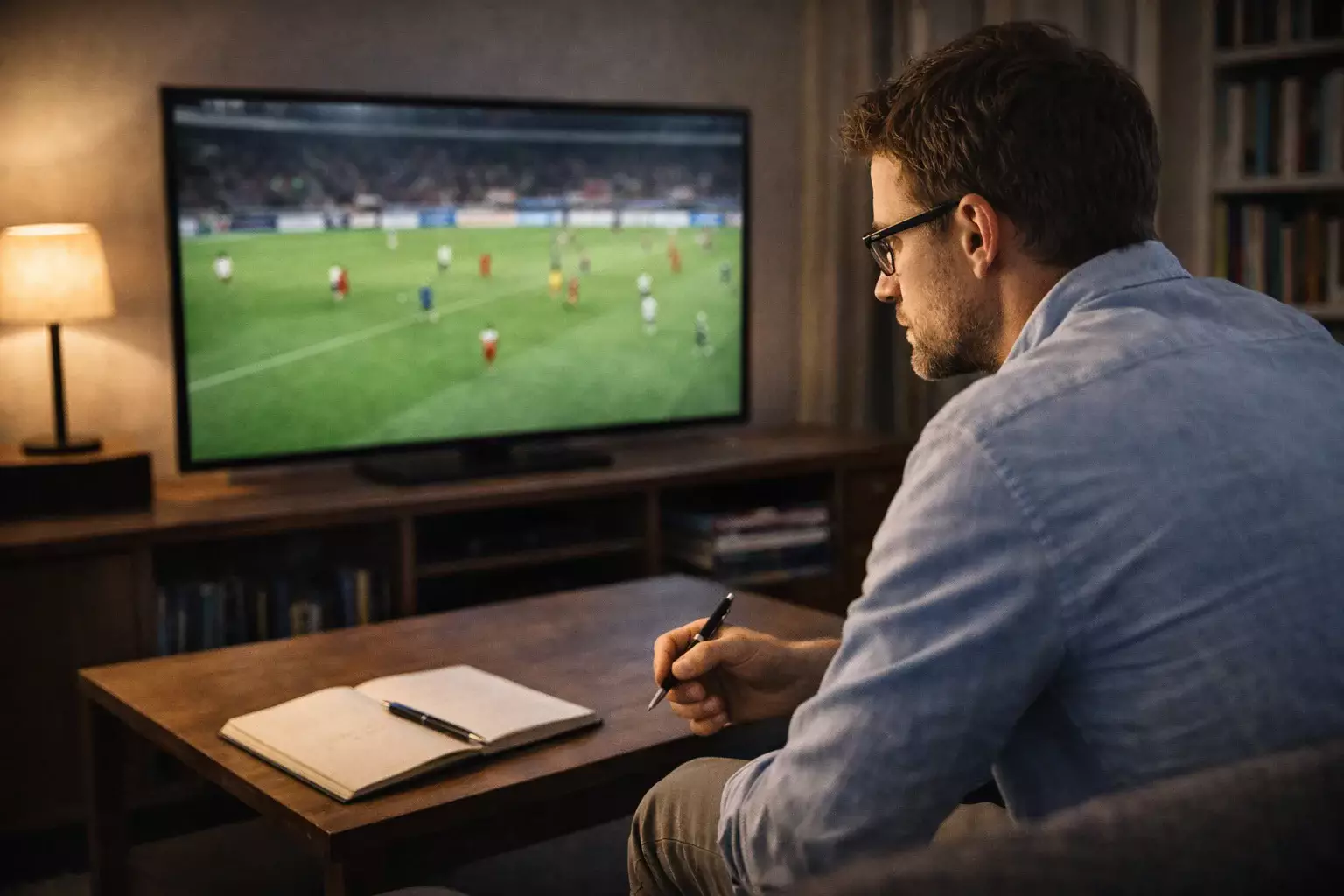 Aficionado atento viendo partido de fútbol en televisión con expresión concentrada
